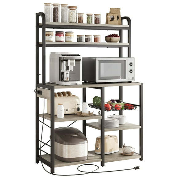 TEQIN 6-Tier Storage Shelves with Power Outlets, Cabinet, Wire basket,Bakers Rack Microwave Stand Station, Coffee Bar, Bookshelf for Kitchen, Dining Room, Living Room