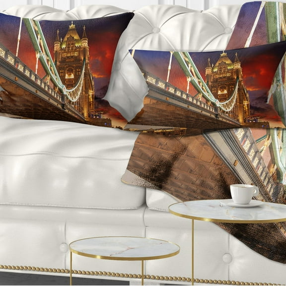 Designart Famous Tower Bridge at Night - Modern Cityscape Throw Pillow - 12x20