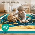 thumbnail image 4 of ODIKA 2'x3' Washable Throw Rug Non-Slip, Low Profile, Flatwoven, Easy Care Deep Teal Gold Ocean with Turtles Playful Sea Life Octopus Fish Design for Hallway, Study Room, 4 of 7