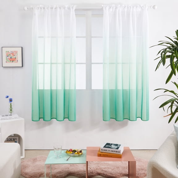 Deconovo Ombre Semi Sheer Curtains for Bedroom Living Room, Aqua, 52W x 72L Inch, Rod Pocket Window Drapes, Set of 2 Panels