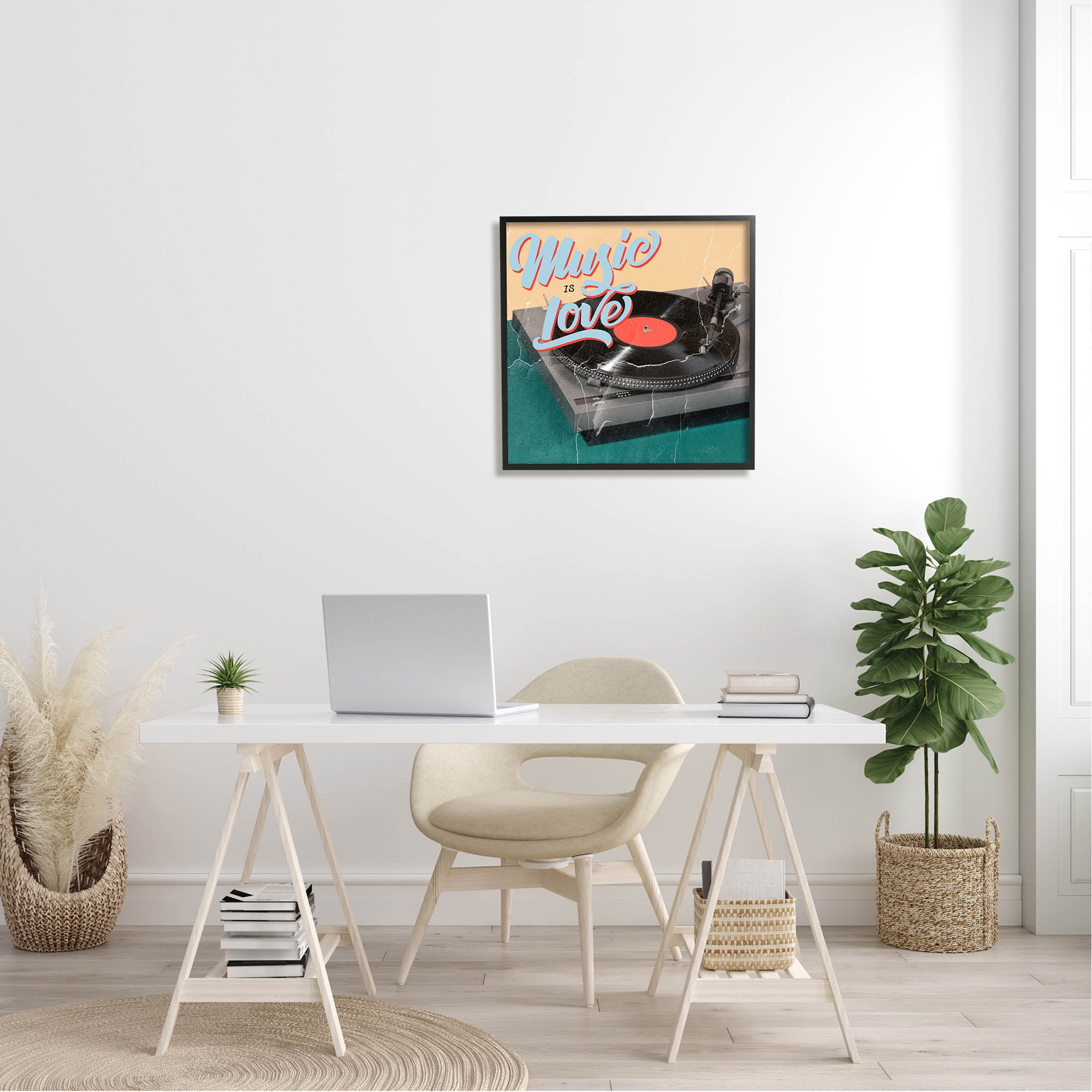 Vintage Music Is Love Turntable Inspirational Graphic Art Black Framed Art Print Wall Art