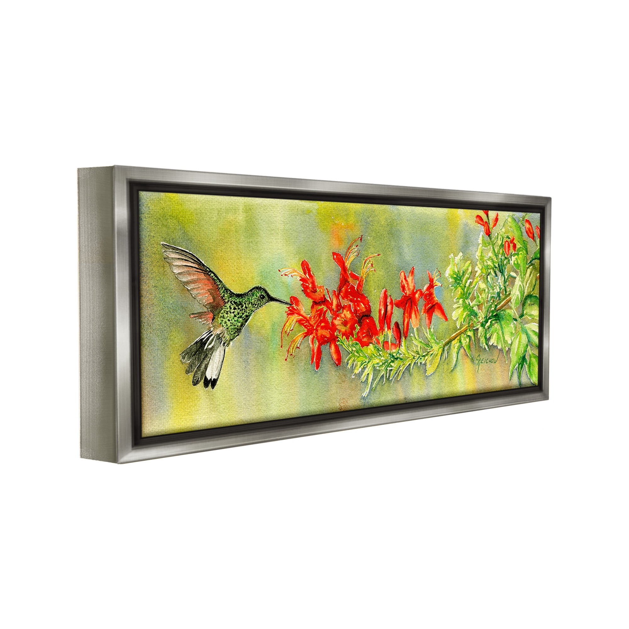 Stupell Industries Hummingbird & Red Lilies Animals & Insects Painting Gray Floater Framed Canvas Art Print Wall Art, 31 x 14