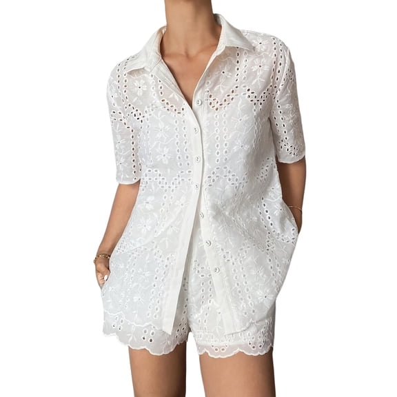 Women Shorts Set 2 Piece Outfits Short Sleeve Button Down Top and Shorts Set White S