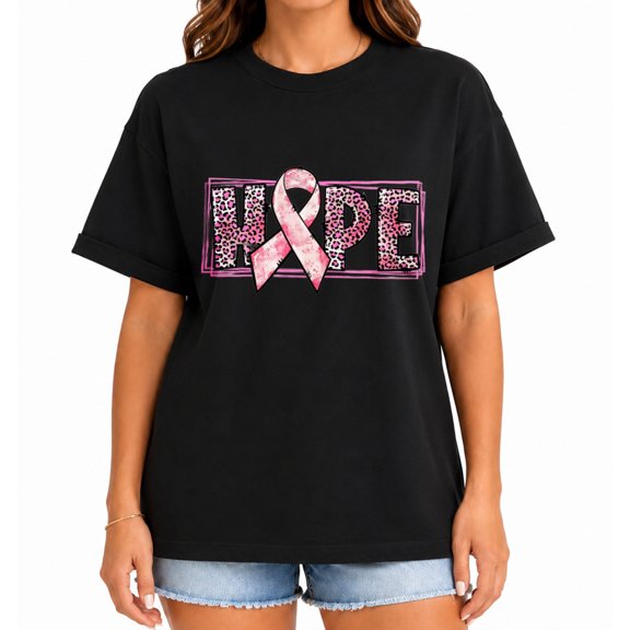 Hope Pink Ribbon Breast Cancer Awareness Leopard Graphic Short Sleeve T-Shirt for Women