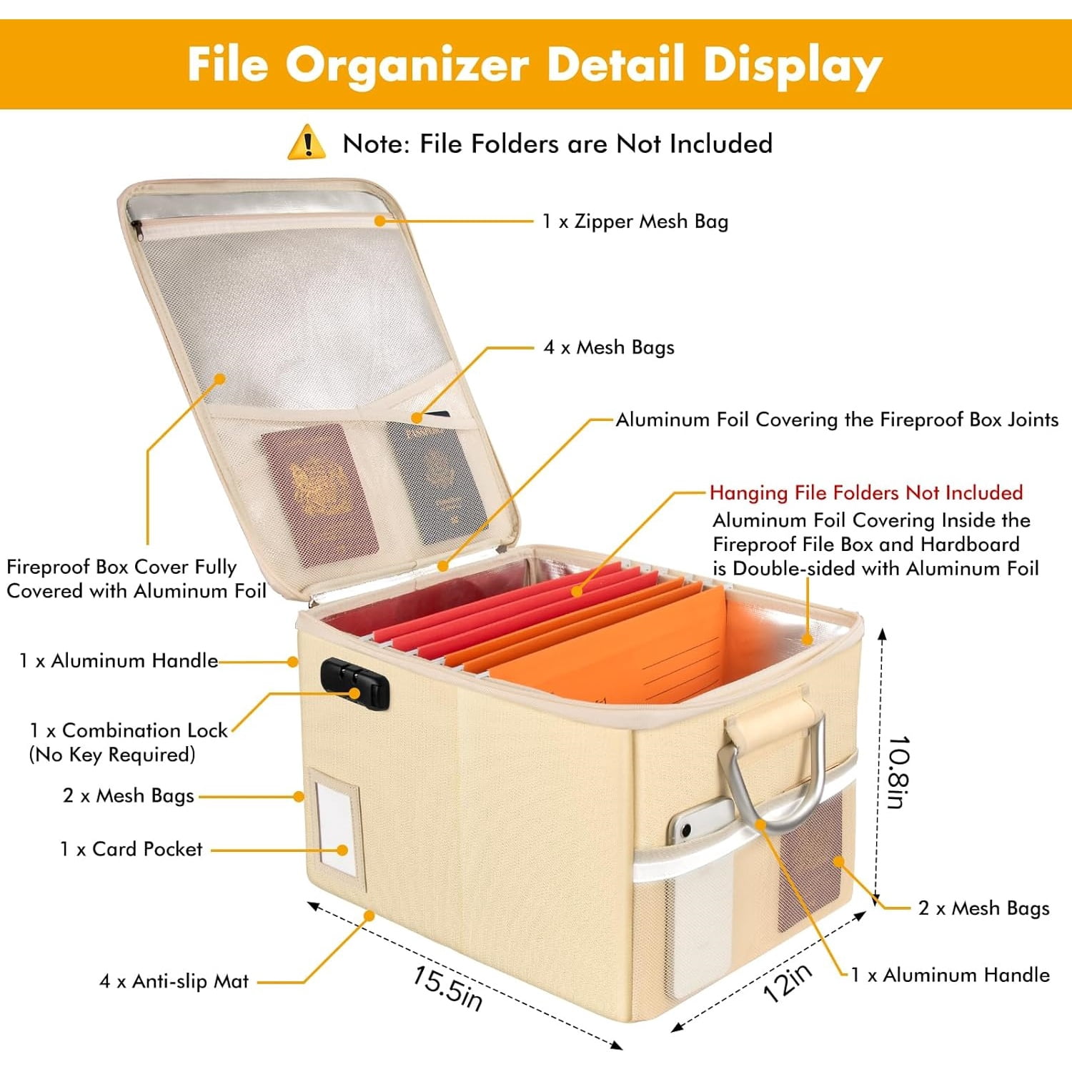 5200°F Fireproof Document Box, Fire Important Document Organizer with Lock, Upgraded Heat Insulated Filing Storage Cabinet Office Organization (5200°F Fireproof Box, Off-white)