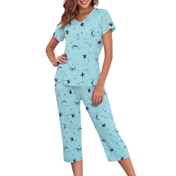 Zando Womens Pajama Sets 2 Piece Soft Cotton Blend Capri Pajamas Short Sleeve Printed PJs Loungewear Green Star XL