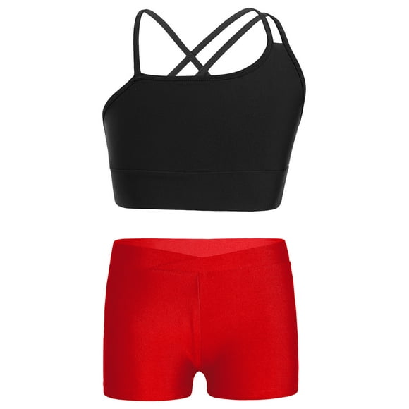 Aislor Ensemble de Danse pour Filles Débardeur Court avec Short Ensemble de Sport Gymnastique Vêtements de Sport Noir&Rouge m