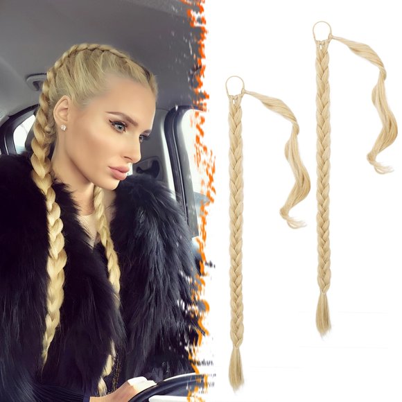 BARSDAR 2PCs 30 Inch Long Braided Ponytail Extension - Sleek Wrap Around Blonde Braid Ponytail Hair Extensions with Hair Tie - Synthetic Pony Tails Hairpieces for Women - Beige Blonde