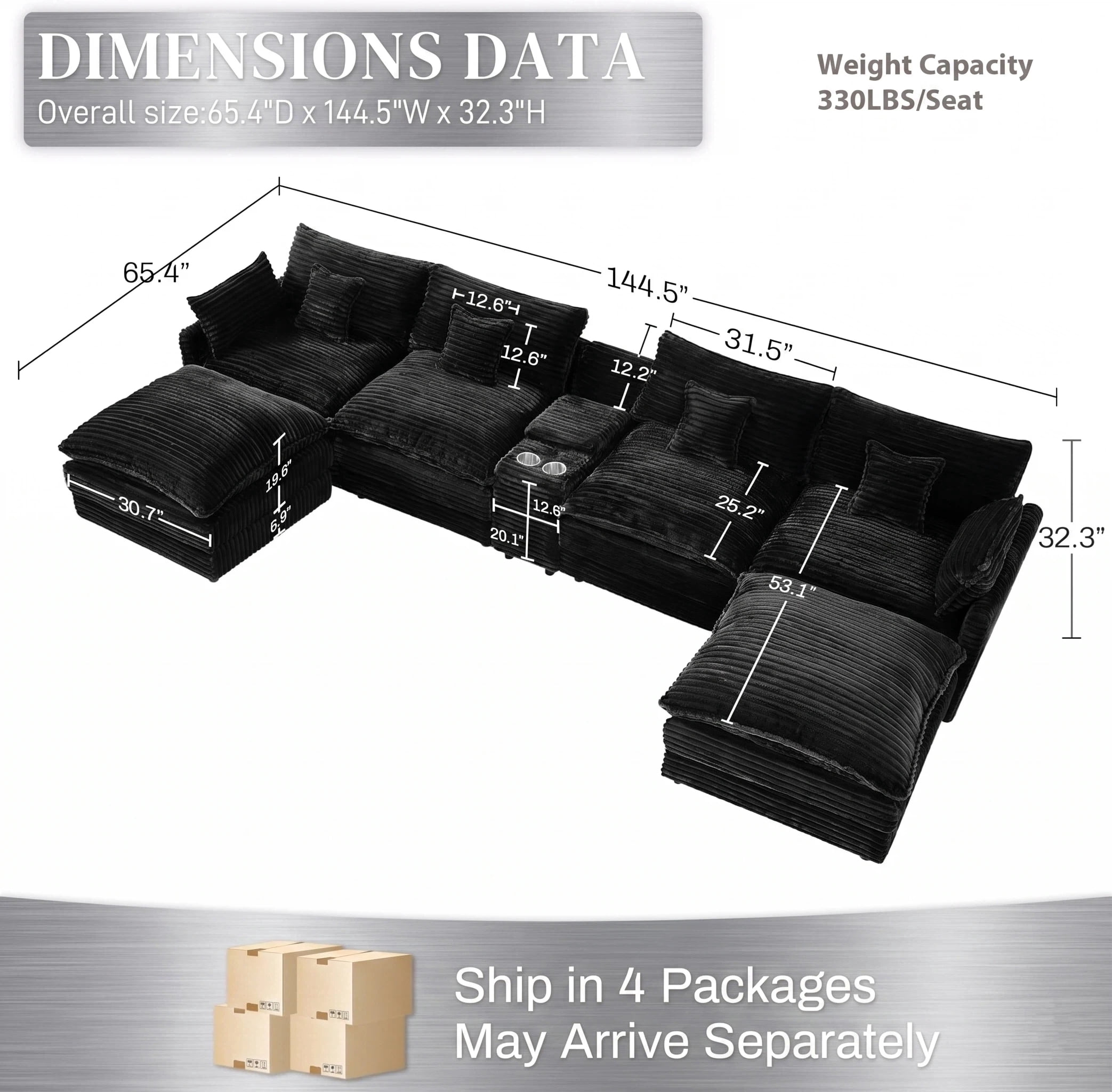 ANPPORT Luxury 145" U Shaped Cloud Modular Sectional Sofa, Corduroy Deep Seat Couch with Storage Console, USB Ports & Cup Holders for Living Room, Black