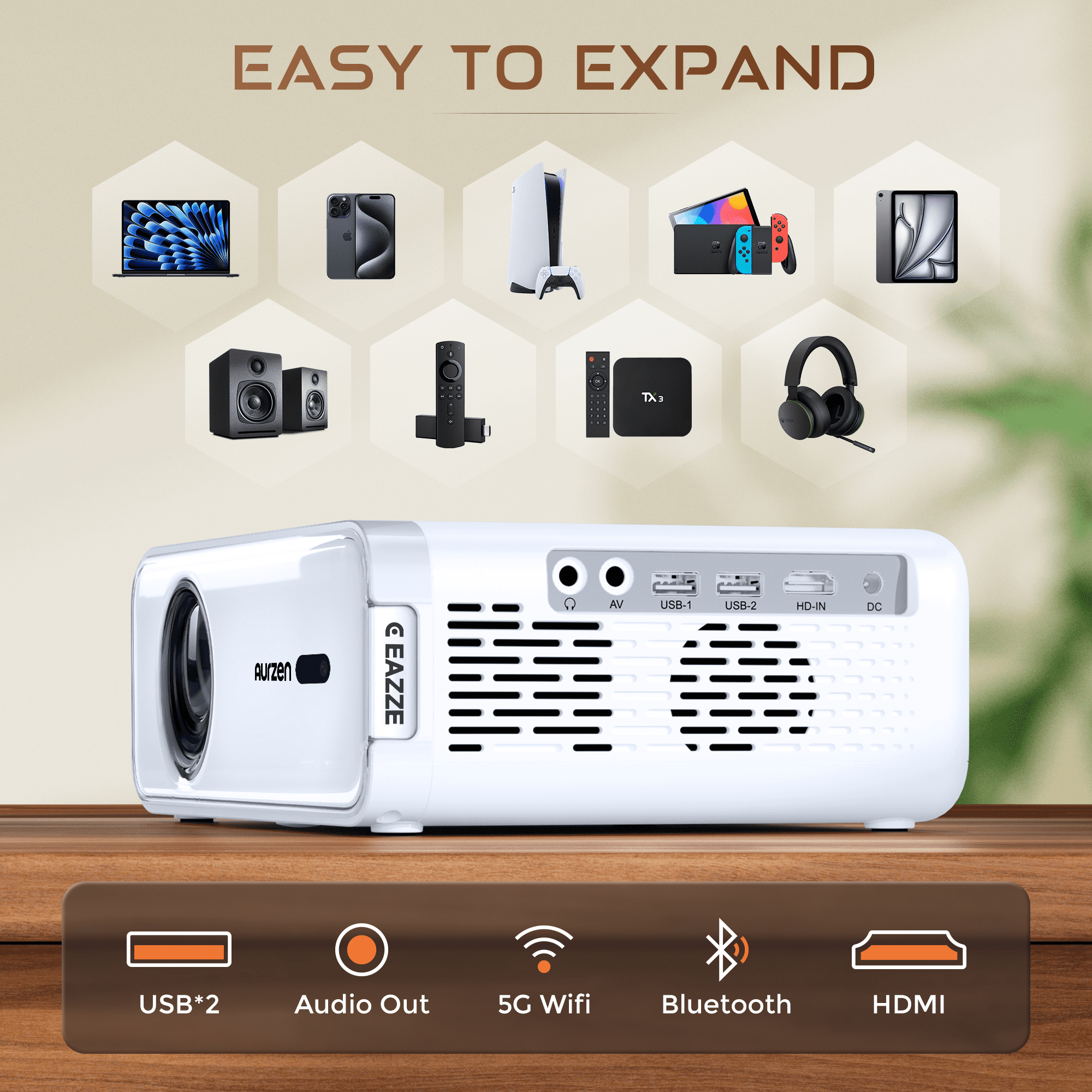 Aurzen Smart Projector with WiFi and Bluetooth, NetfIix Officially