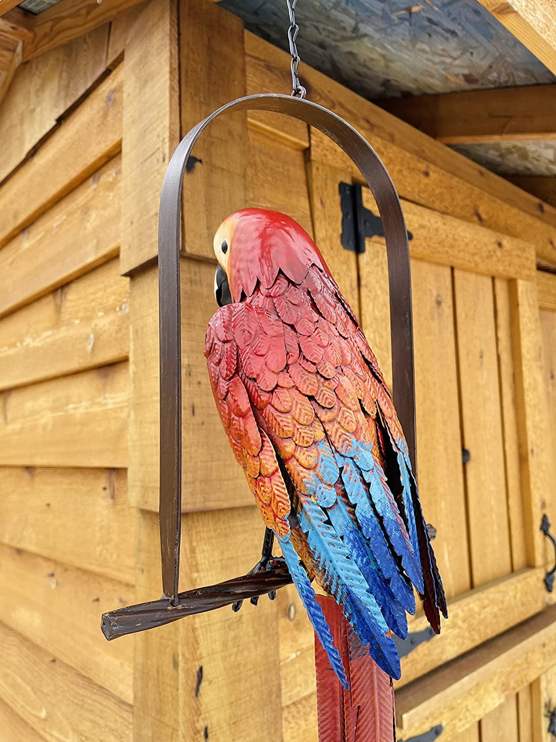 Hanging Whimsical Rustic Metal Swinging Macaw Parrot Tropical Bird On Chain Yard Garden Art