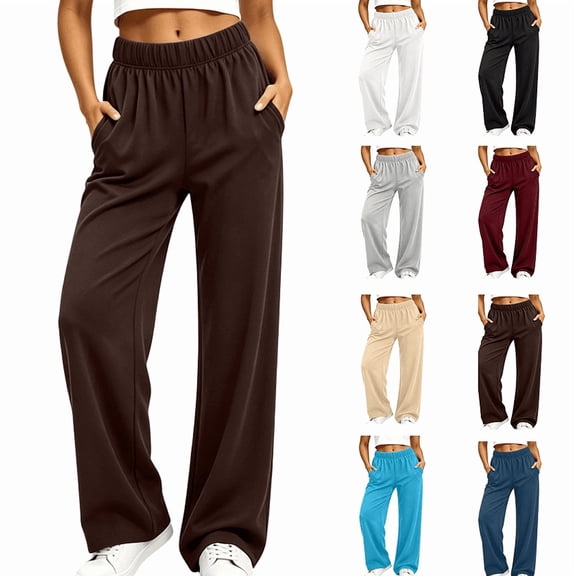 Women's Elastic High Waist Solid Wide Leg Sweatpants Soft Loose Casual Palazzo Trousers with Pockets Breathable Daily Workout Loungewear White
