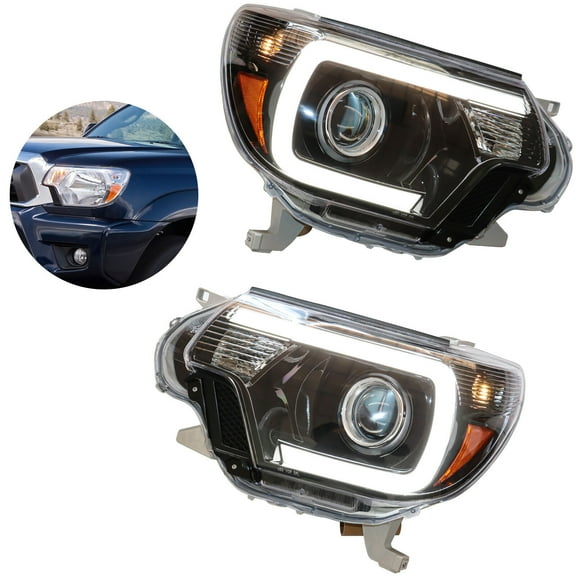 For 2012 2013 2014 2015 Toyota Tacoma Halogen Headlights Lamps w/DRL LED Light Bar Projector Headlamps Assembly Driver Left Passenger Right Side Pair Black Housing