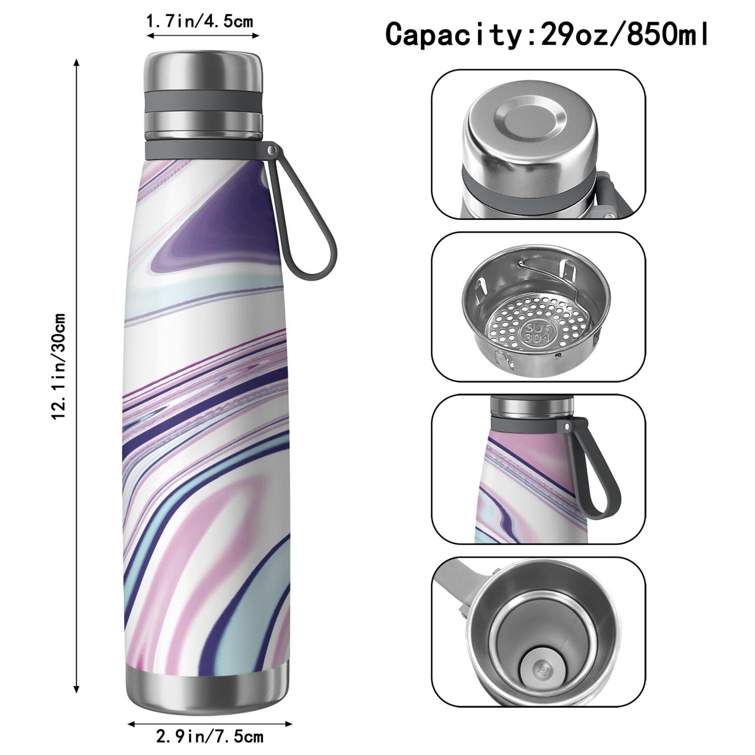 29oz Insulated Water Bottle with Tea Infuser, Stainless Steel Travel Mug, Liquid & Marble Print
