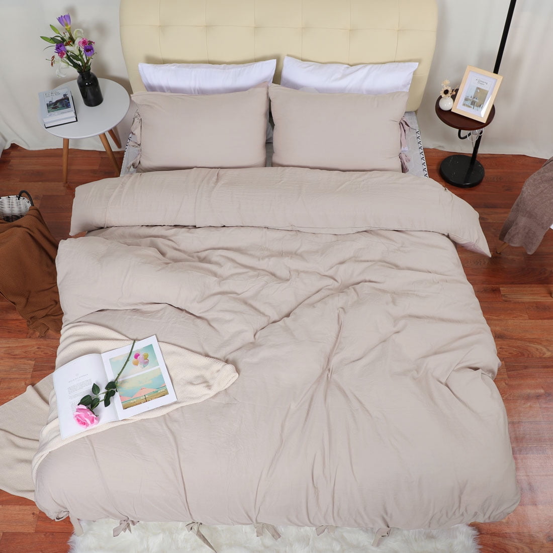 Unique Bargains Washed Cotton Duvet Cover Pillowcase Bedding Set King Tan