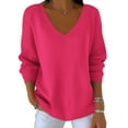 thumbnail image 5 of Feancey Fall Sweaters for Women Plus Size Long Sleeve V Neck Tops Ribbed Knit Casual Loose Sweater Trendy Going Out Blouses Solid Knitted Shirt Hot Pink S, 5 of 8
