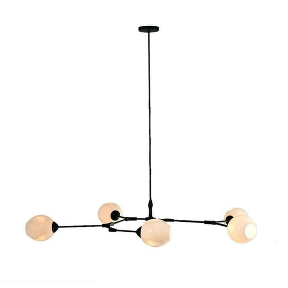 PENDENTIF CHASSE<br>Suspension avec structure en métal noir et abat-jour en verre blanc.
