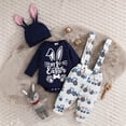 thumbnail image 2 of mgoYE Baby Boys Clothes My First Easter Baby Boy Outfit Infant Clothes Bunny Letter Print Shirt+Overalls Pants+Hats Spring Outfit Set(Blue,3-6 Months), 2 of 8
