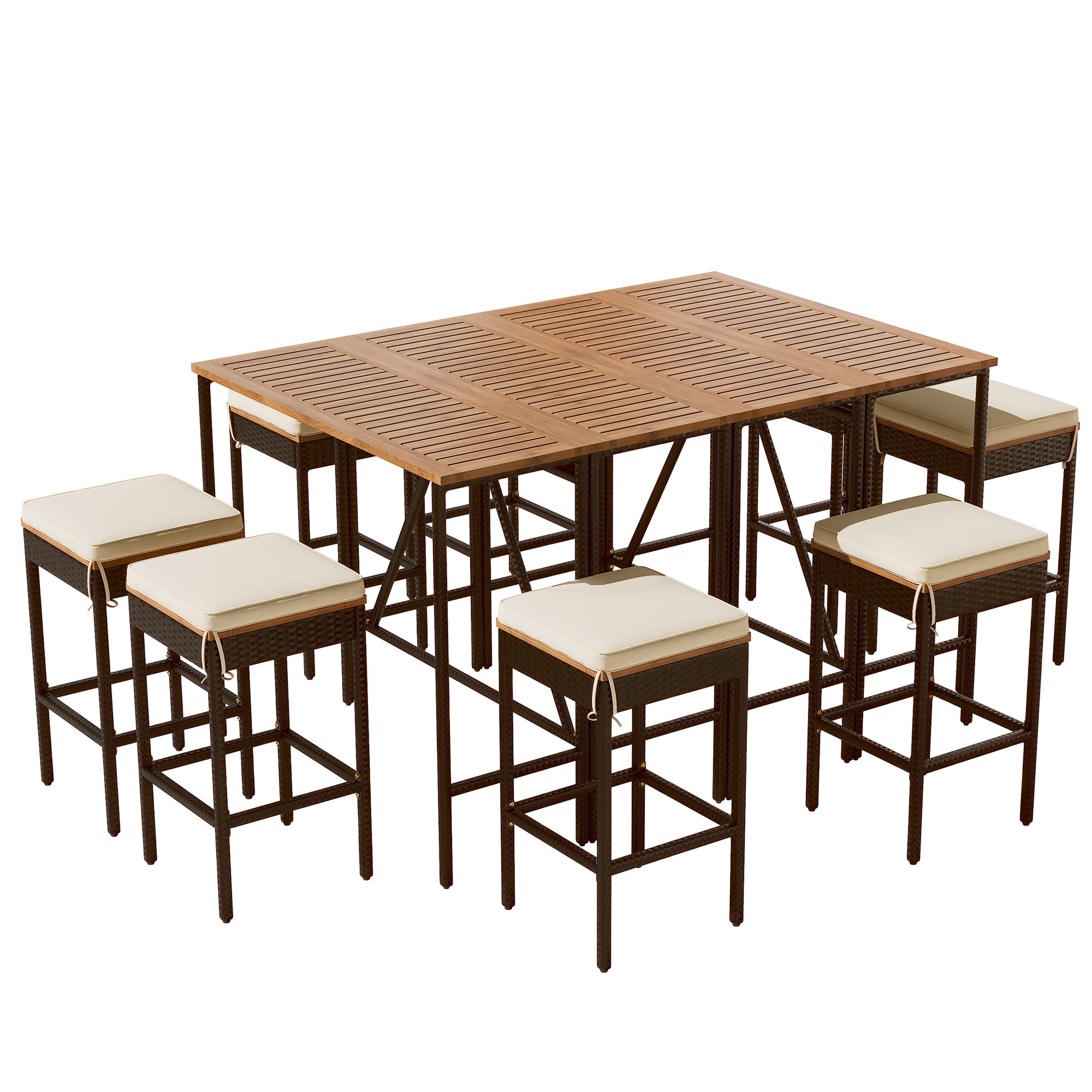 Outdoor Bar Height Dining Set 10-Piece, Acacia Wood Table & 8 Stools with Cushions, PE Rattan Wicker Bistro Set with Foldable Top, Space Saver, Brown