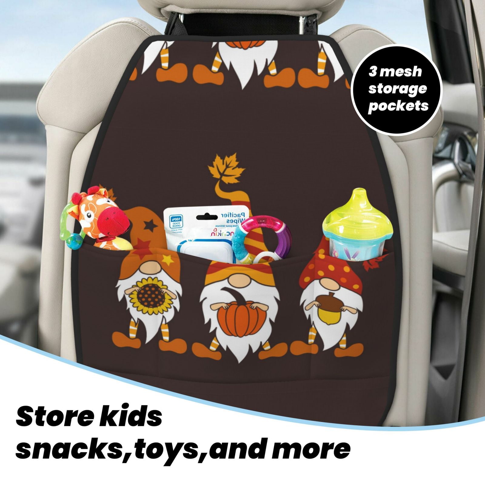 Xecao Fall Gnomes Pattern Car Seat Back Protector 2 Pack Large Capacity Pocket, Kick Mats Back Seat Protector