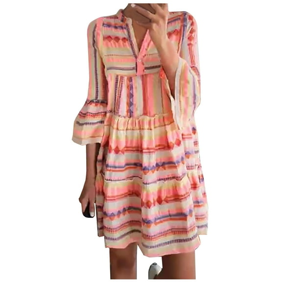 Sentuca Womens V Neck Summer 3/4 Sleeve Dresses Hooded Casual Button Print Dress