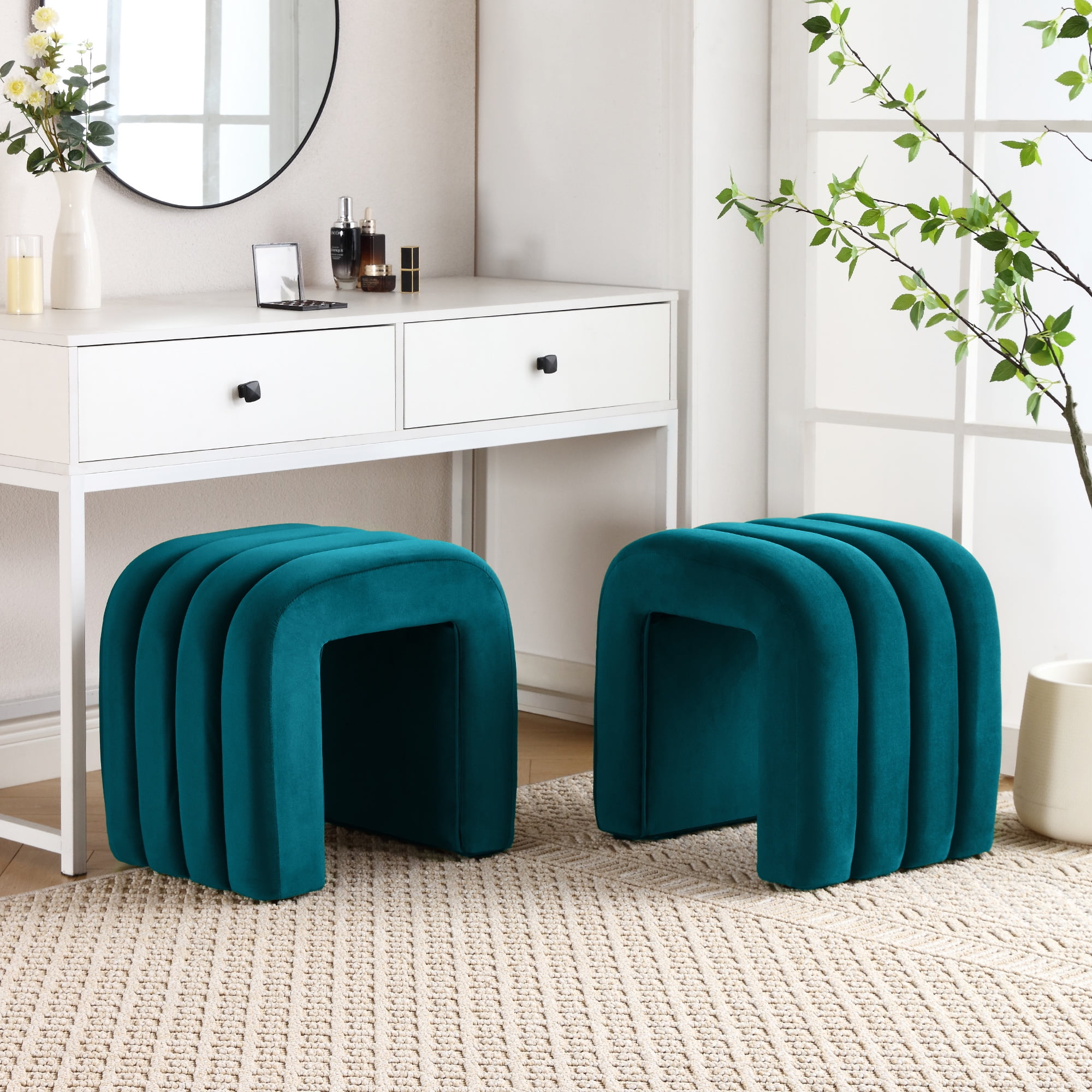 Zesthouse Multi-Functional Ottoman Stool, Tufted Velvet Foot Stools Ottoman for Couch, Modern Vanity Stool for Living Room, Bedroom and Entryway, Teal