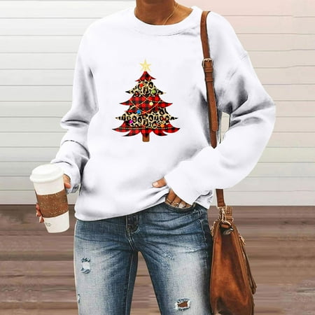 

jsaierl Womens Christmas Sweatshirts Crew Neck Long Sleeve Shirts Christmas Tree Graphic Tops Dressy Casual 2022 Blouse Tee Pullover Christmas Gifts for Teen Girls