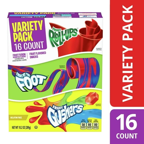 Fruit Roll-Ups, Fruit by the Foot, Gushers, Snacks Variety Pack, 16 ct (Pack of 2)