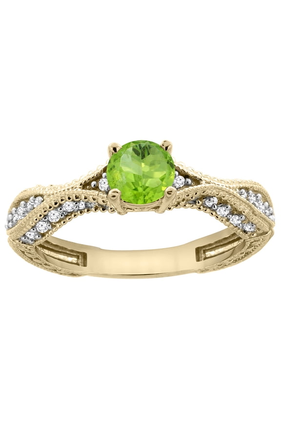 14K Yellow Gold Natural Peridot Round 5mm Engraved Engagement Ring Diamond Accents, size 5