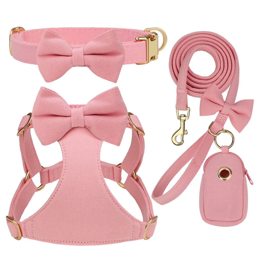 Pet Artist 4pcs Cute Bowtie Dog Harness and Collar and Leash and Poo Bag Holder Adjustable Pet Puppy Cat Vest