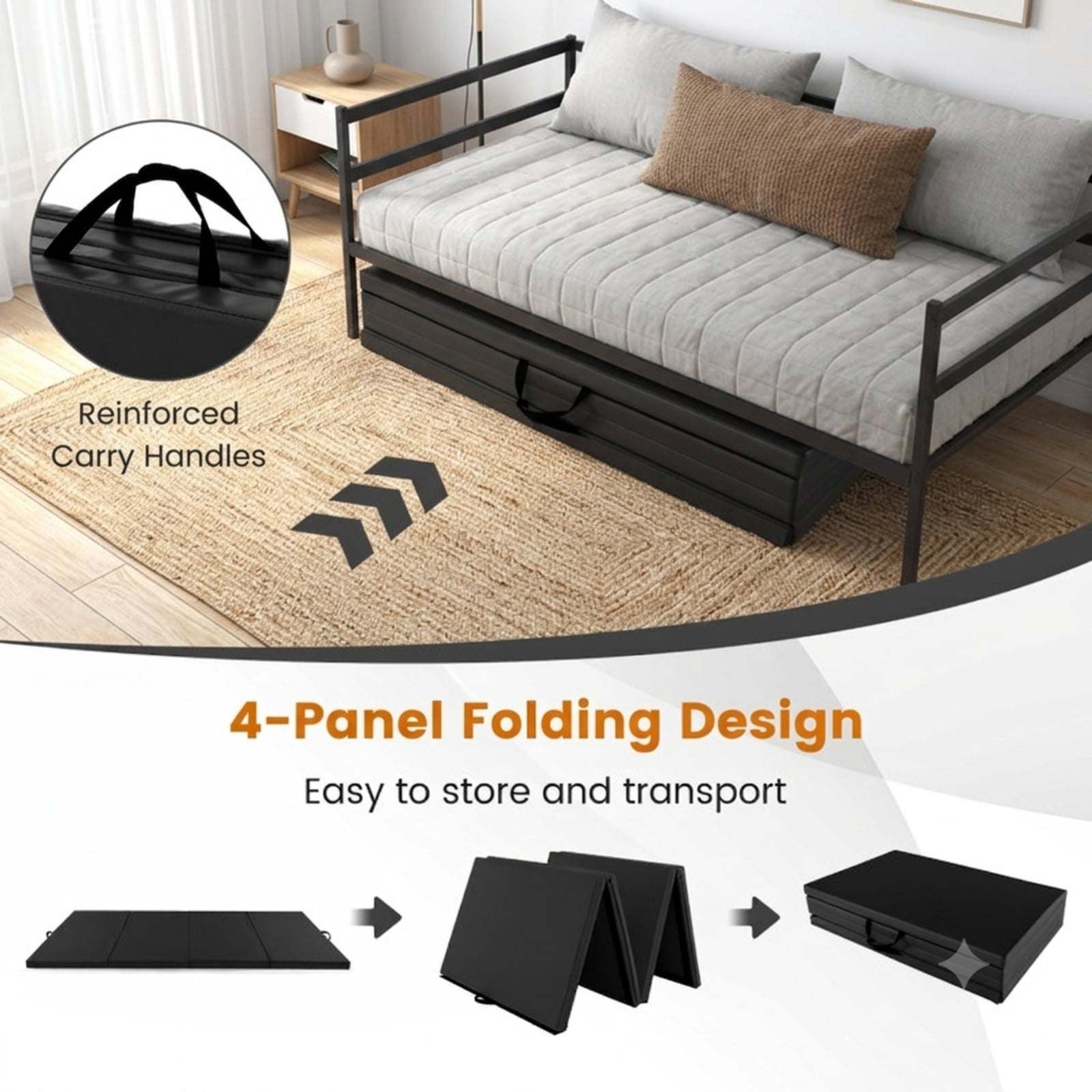 Airfind 4 Panel Folding Exercise Mat with Carrying Handles and Thick Foam for Home Gym Gymnastics Yoga and Tumbling Workouts, Black
