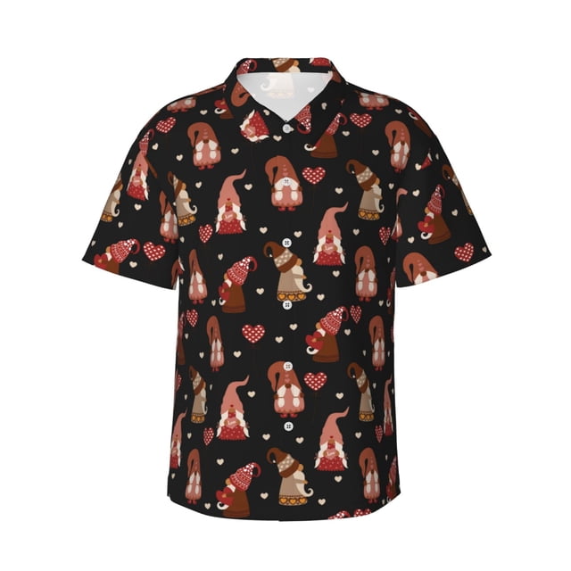 Balery Valentine Gnome Camisas hawaianas de manga corta para hombre, camisas playeras de corte holgado, camisas de vacaciones con botones,Small
