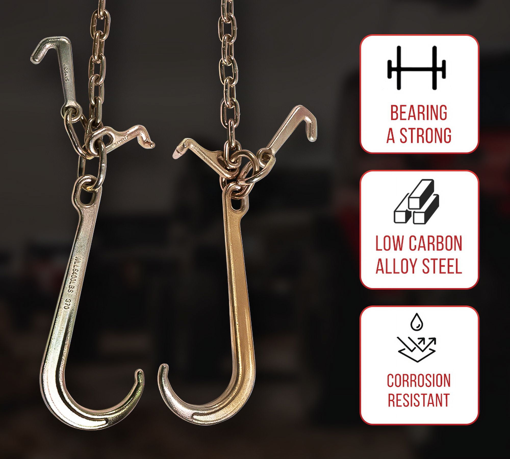 Mytee Products 5/16"x3' Leg Grade 70 V-Chain Bridle Tow w/ 15" Large Shank J Hook, T-J Hook & Grab Hooks for Towing - 4700 LBS WLL Tow Truck Chain Accessories for Flatbed Trailer Wrecker Recovery