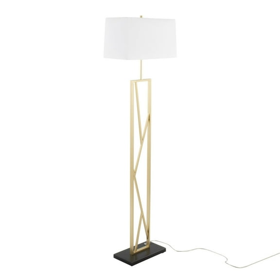 Folia Contemporary Floor Lamp in Gold Metal with White Linen Shade and Black Marble Base by LumiSource