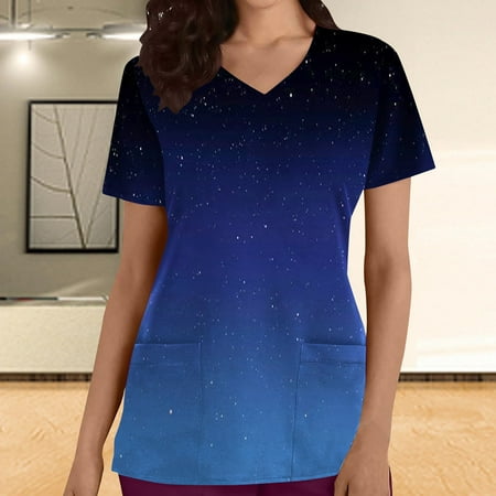 

Funicet Savings Clearance 2023! Womens Scrubs Tops Short-Sleeve Nurse Uniform V Neck Working Uniform Gradient Printed T-Shirts Casual Blounce w/Pockets
