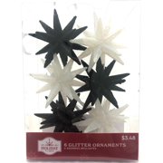 Holiday Time, Black and White Glitter Starburst Christmas Shatterproof Ornaments , 6 Count
