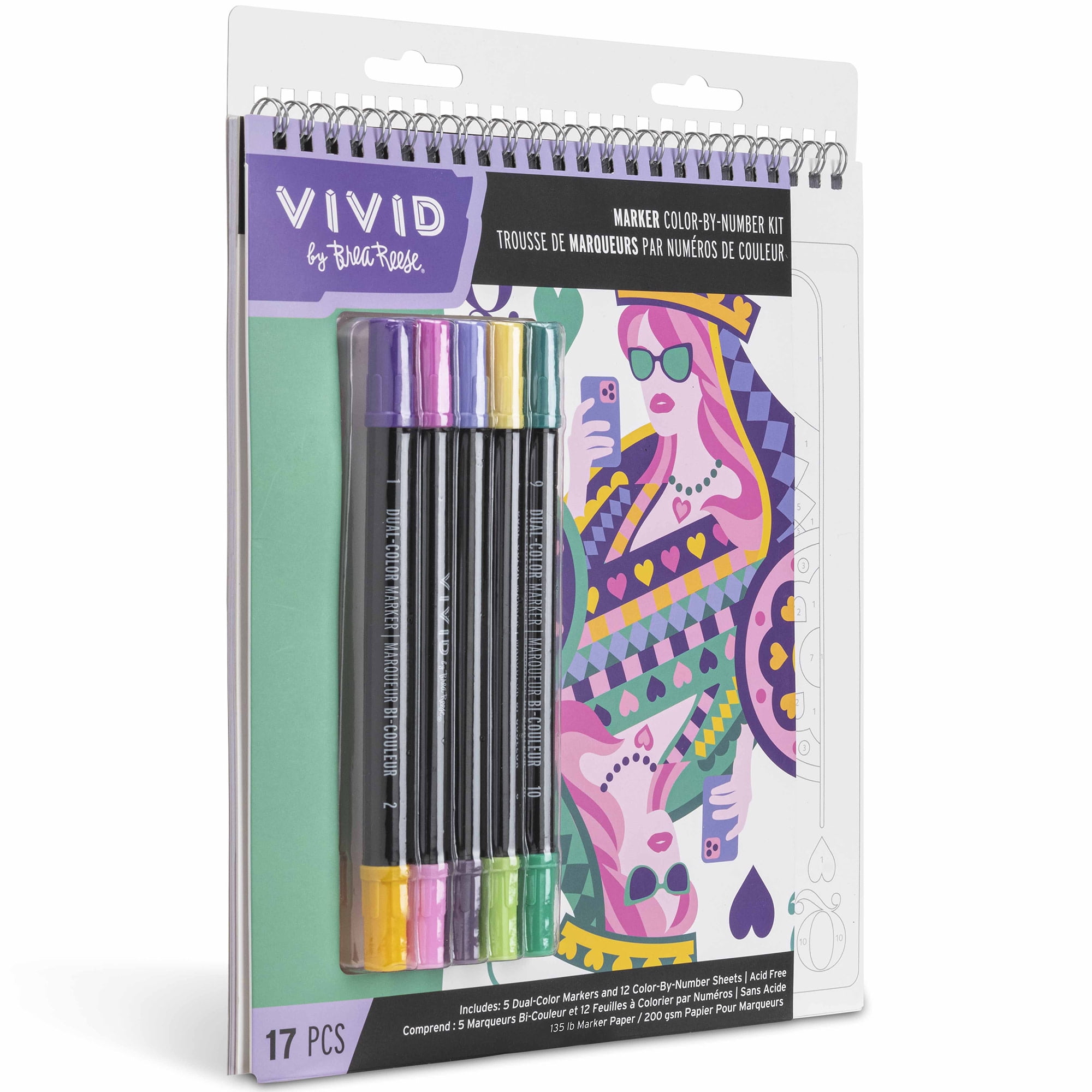 Vivid by Brea Reese: Marker Color-By-Number Kit - Queen of Hearts -5 Dual-Sided Markers, 12 Design Coloring Pages, Retro Vibrant Themed Spiral Art Pad