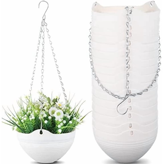 16 Pack Self Watering Hanging Planters 8 Inch Indoor Outdoor Hanging Planter Pots White Plastic Hanging Flower Pots Hanging Planter Basket Container with Drainer and Hanging Chain$$Garden &
