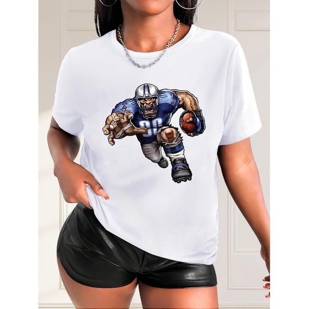 Women's Casual Fashion Tee with Dynamic Blue Giant Football Player Print - Short Sleeve, Round Neck, Breathable Polyester, Machine Washable - Ideal for Spring/Summer/Fall
