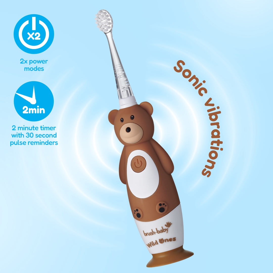 Brush-Baby WildOnes Bear Kids Electric Rechargeable Toothbrush, Extra Soft Bristles, Waterproof, Timer