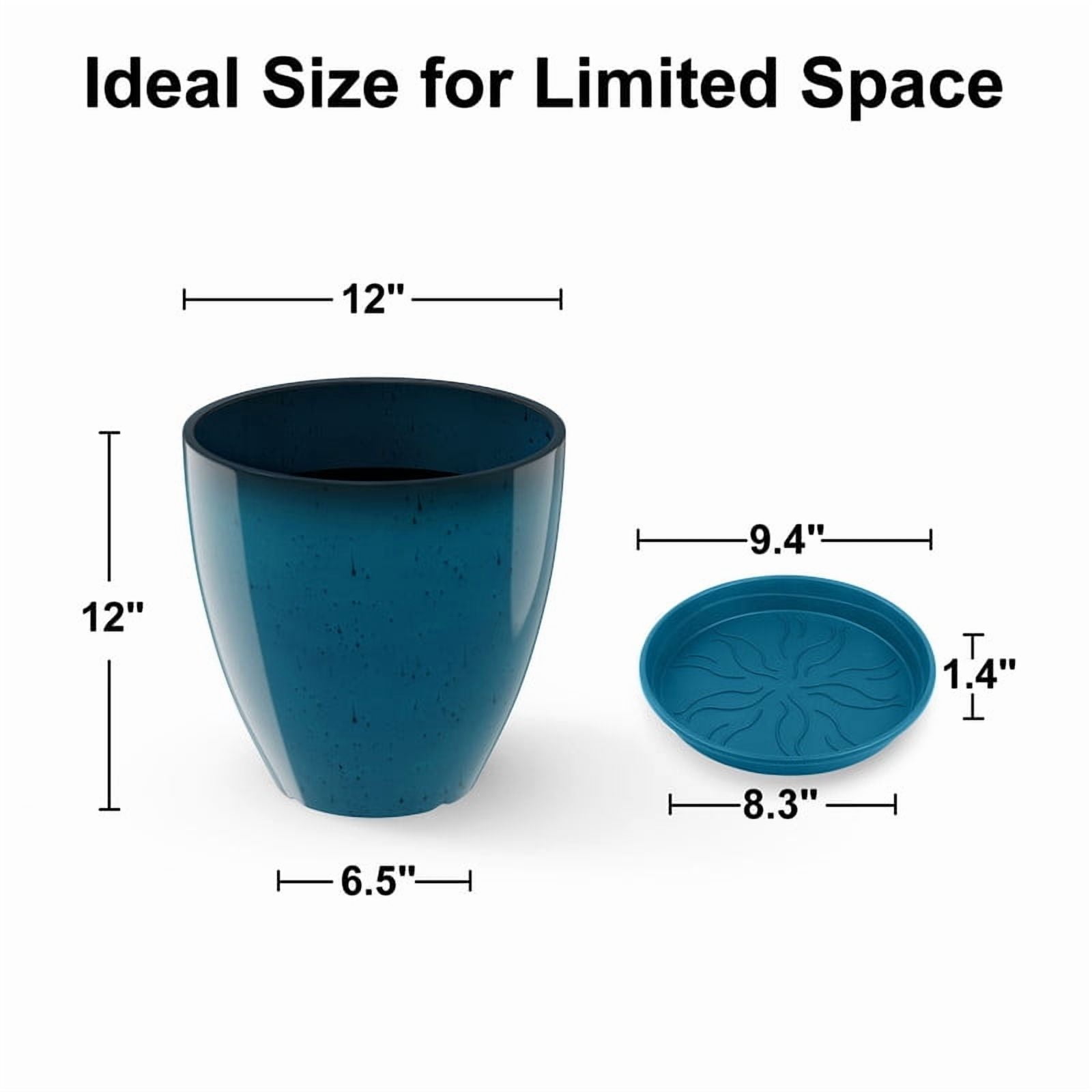 2-Pack 12" Round Resin Planters - Floor Standing Flower Rases, Modern Decor For Indoor/Outdoor Porch - Blue