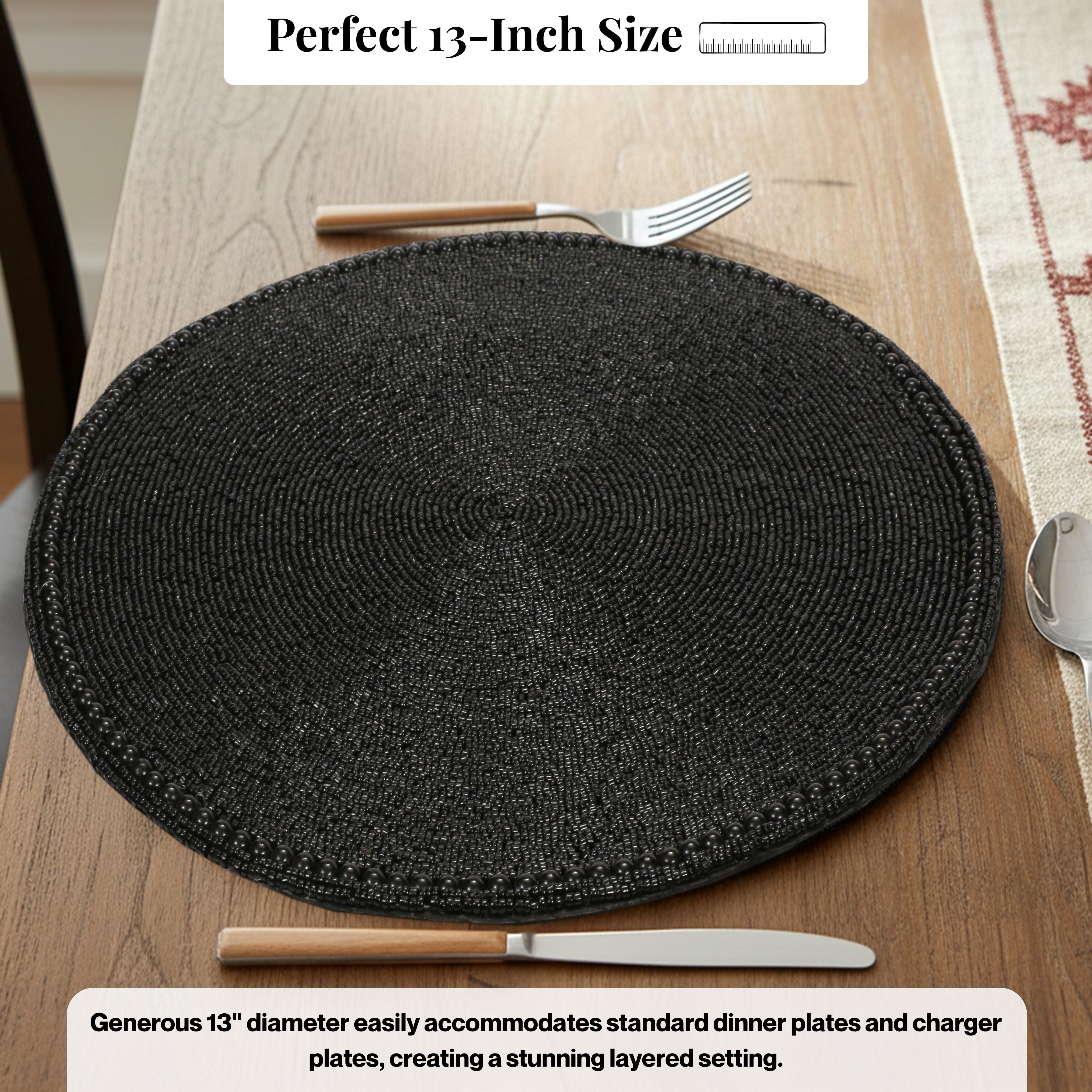 Pack of 1 Handcrafted Glass Beaded Placemats - Elegant Round Table Mats for Dining Décor (Jet Black)