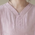 thumbnail image 3 of Womens Tops 2025 Plus Size Cotton and Linen Solid Color Button Half V-neck Shirt Short Sleeved V-neck Shirt, 3 of 6