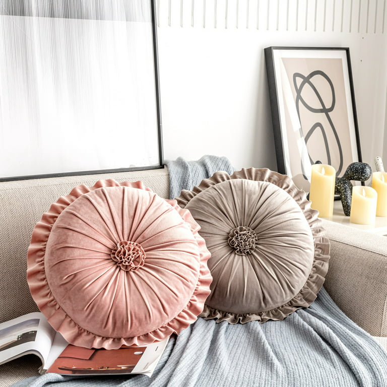 HLOVME Round Pillow Cushion for Couch Velvet Decorative Small Throw Pillow Solid Color for Living Room Bed Floor 13.7”, Cream