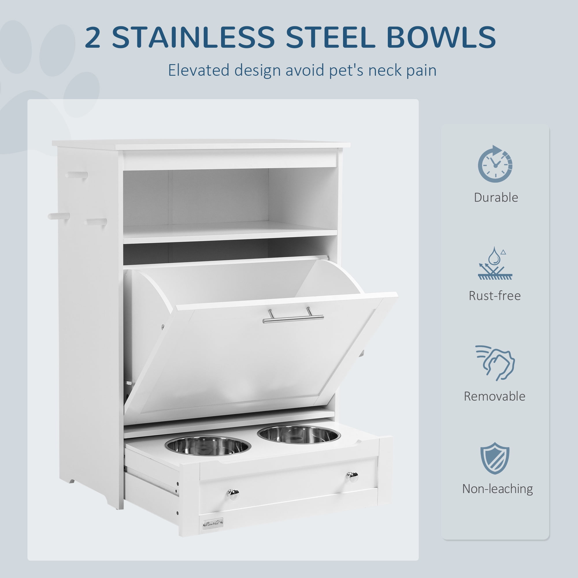 Dog Bed PawHut Pet Feeder Station Storage Cabinet, Dog Food Storage Container with Dog Raised Bowls and Hanger for Feeding & Watering Supplies, White,Large Dog Bed