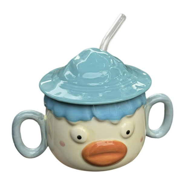 Bonita taza de café de cerámica, taza de café novedosa con 2 asas, taza de leche para Azul