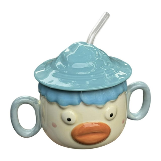 Taza de cerámica de dibujos animados, taza de café con 2 asas, taza de té novedosa, taza de leche para bebidas frías y calientes, desayuno, regalos Azul