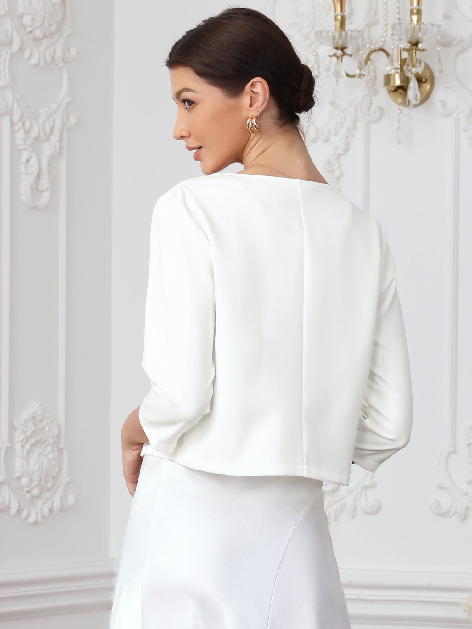 DARING DIVA Women's Crop Open Front 3/4 Sleeve Collarless Jacket XS White