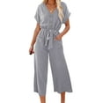 thumbnail image 3 of VISgogo Mono recortado para mujer, manga corta, cuello en V, cierre de botón, lazo en la cintura, pantalones sólidos con bolsillos VISgogo moda, 3 of 9