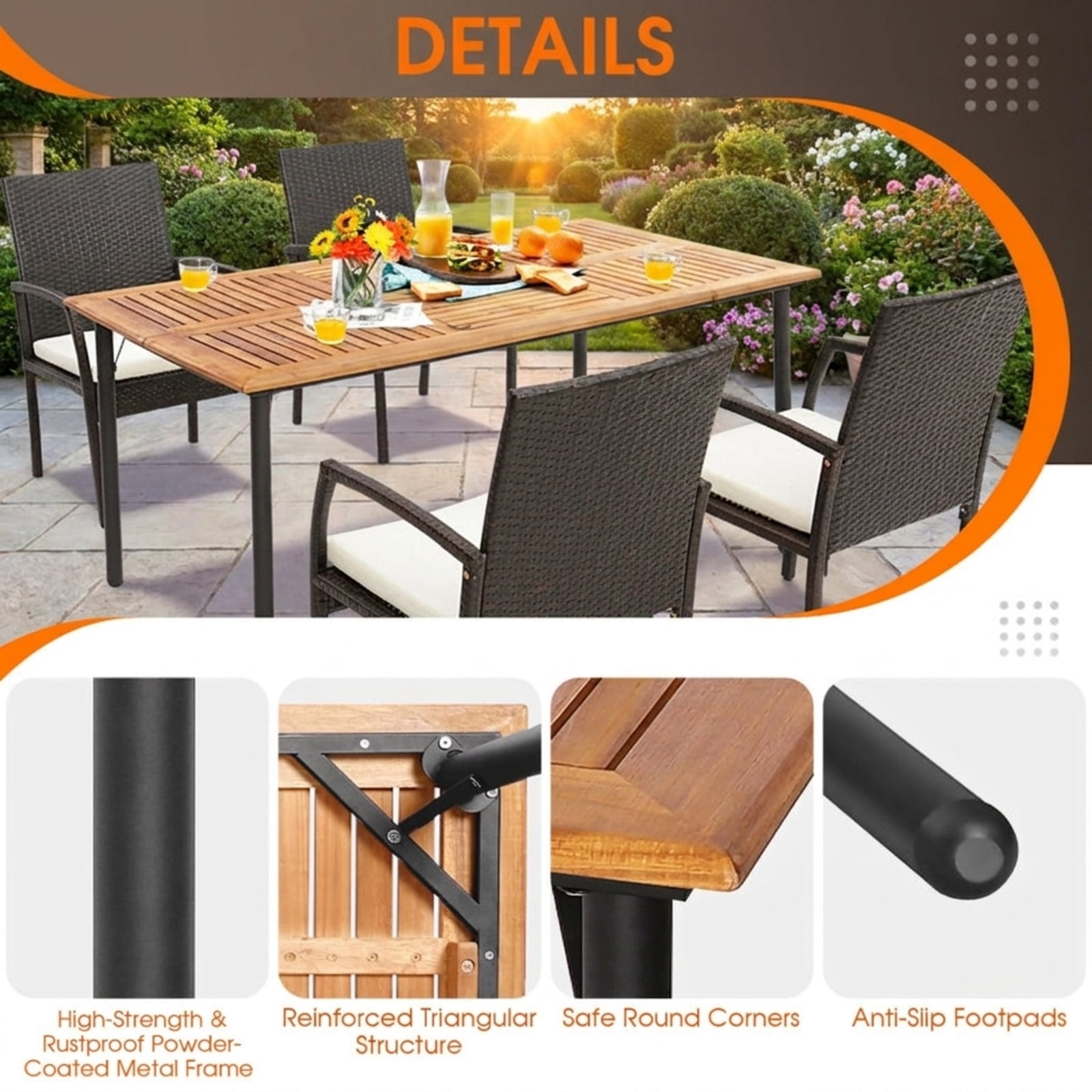 Furnibear 5 Pieces Patio Wicker Cushioned Dining Set Outdoor Conversation Set with Umbrella Hole Table and Acacia Wood Chairs, Mix Brown